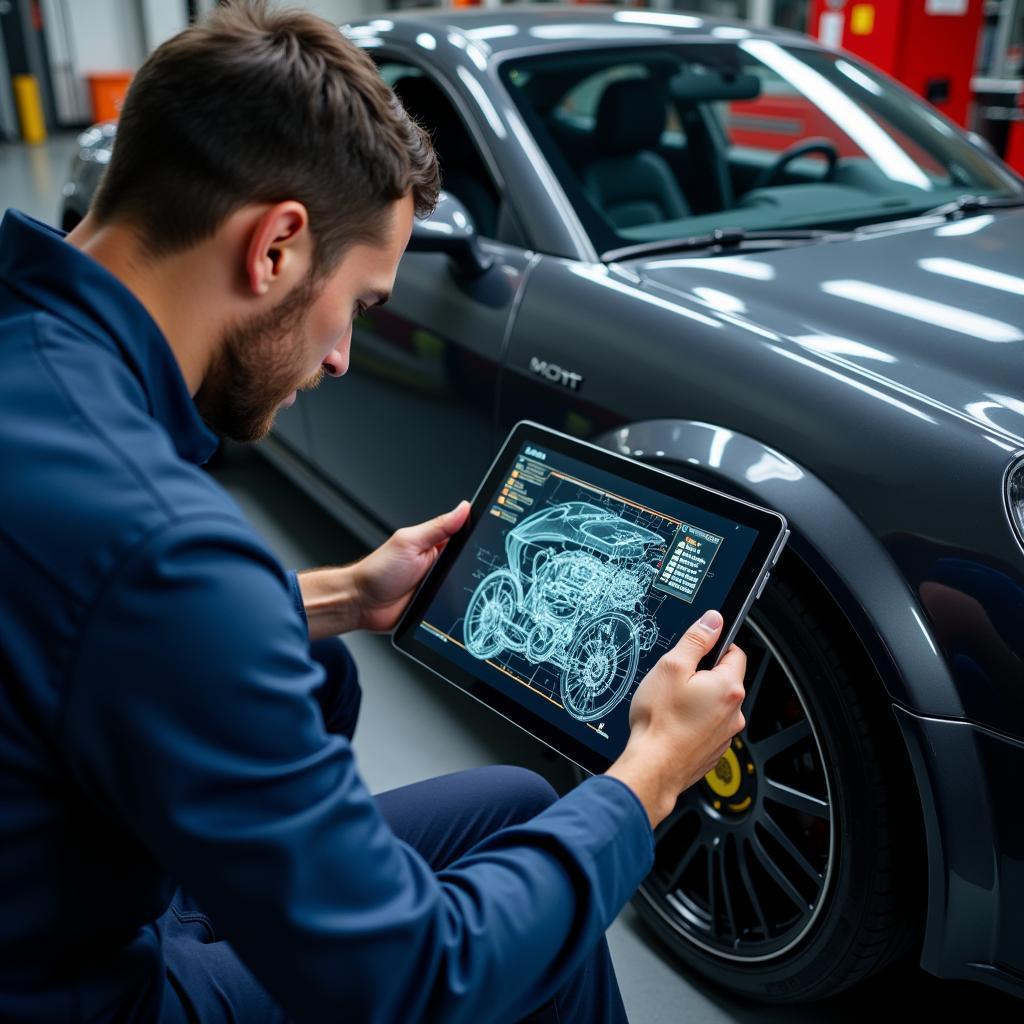 Mechanic Utilizing Diagnostic Tablet