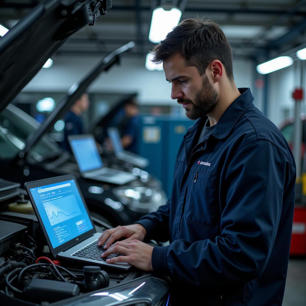 Mechanic using a tablet-based car diagnostic tool in a modern garage