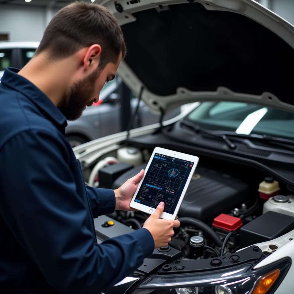 Mechanic Using Diagnostic Tablet