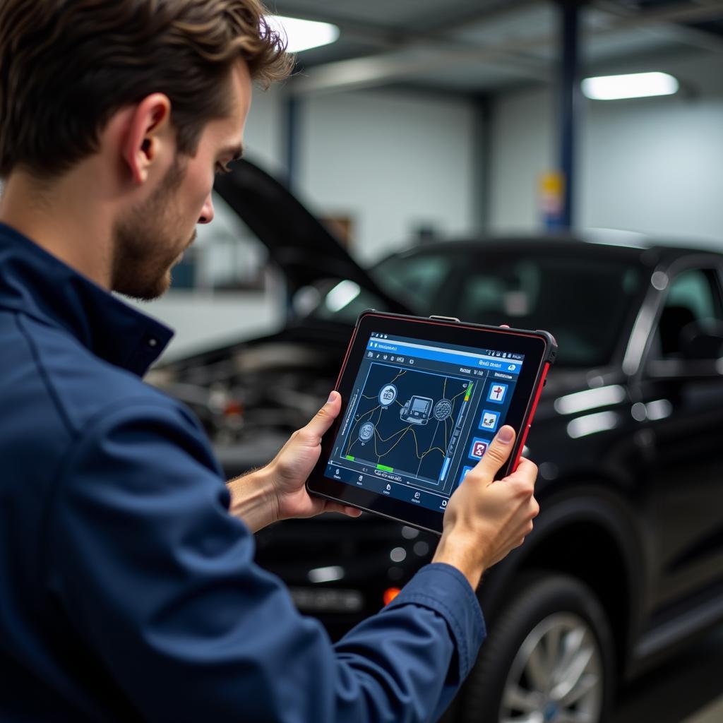 Mechanic Performing Car Diagnostic with a Tablet