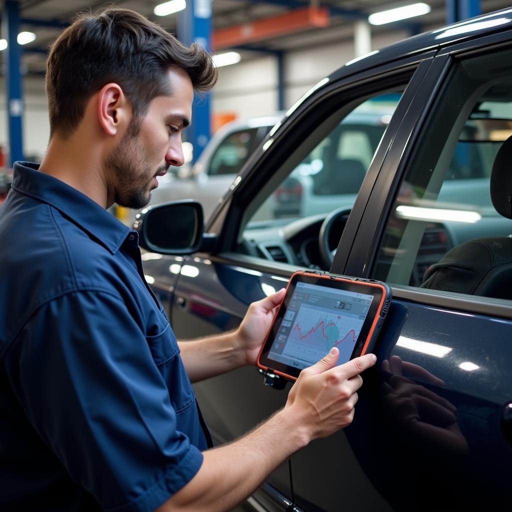 Mechanic Using Diagnostic Tablet to Troubleshoot Car Problem