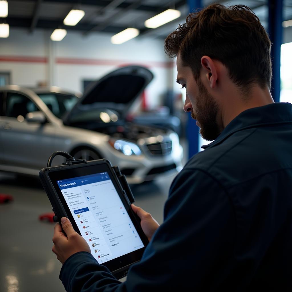 Mechanic Analyzing Diagnostic Data on a Tablet