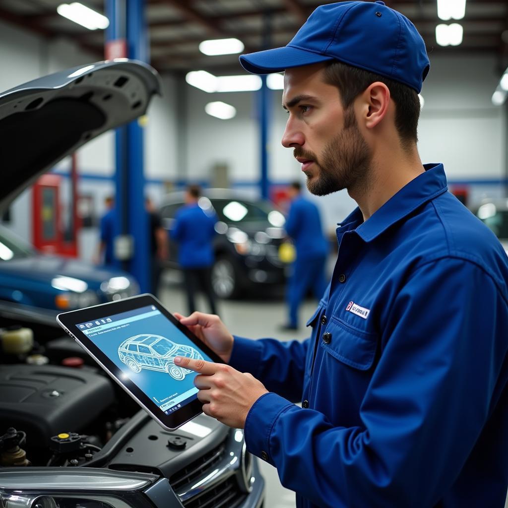 Mechanic Using a Diagnostic Tablet in a Garage