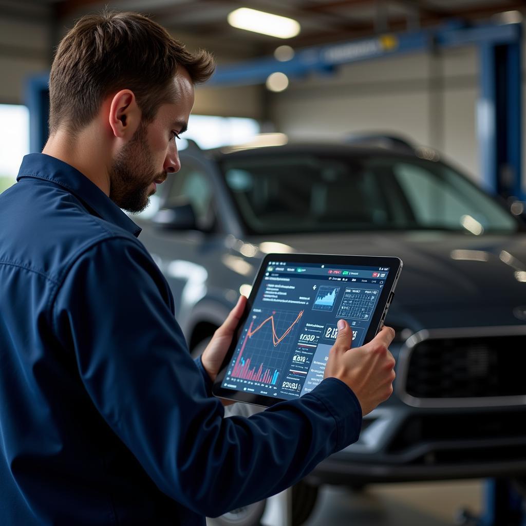 Mechanic Using Diagnostic Tablet