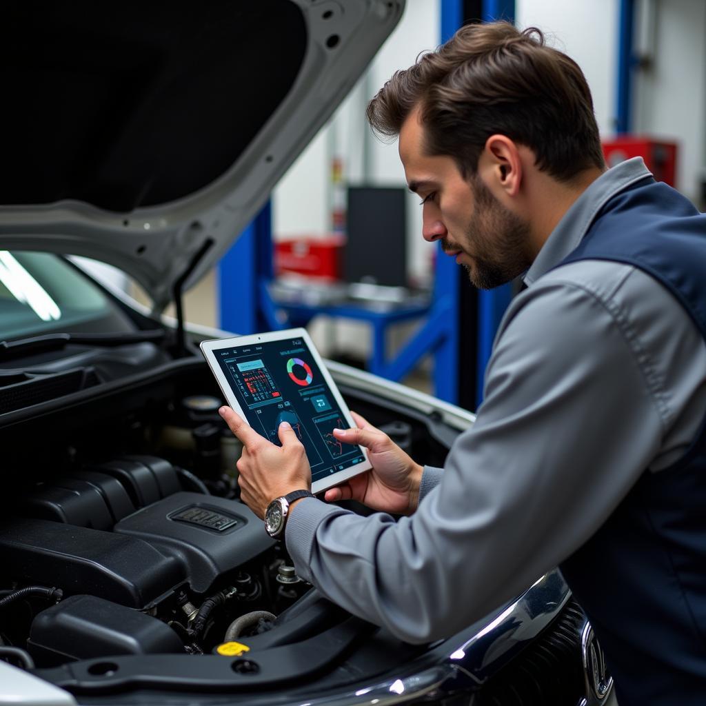 Mechanic Using a Tablet with Car Diagnostic Software