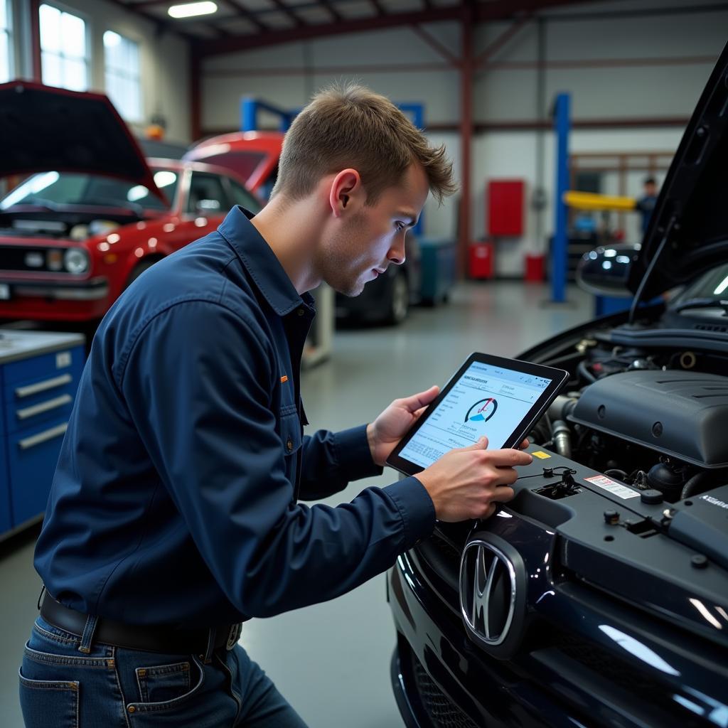 Mechanic Using Diagnostic Tablet in Garage