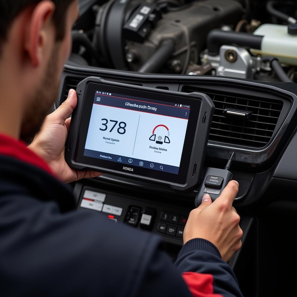 Mechanic using diagnostic tablet on a Honda