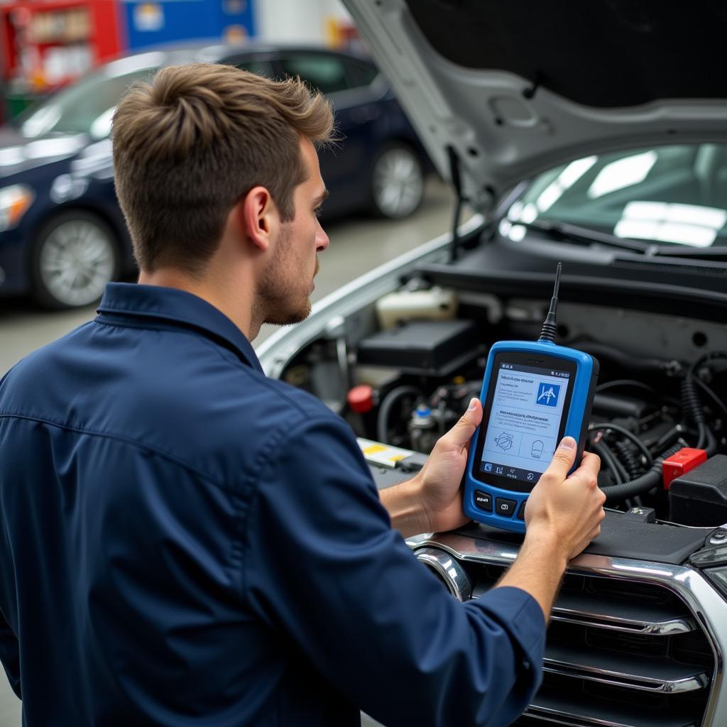 Mechanic using a diagnostic tool on a car