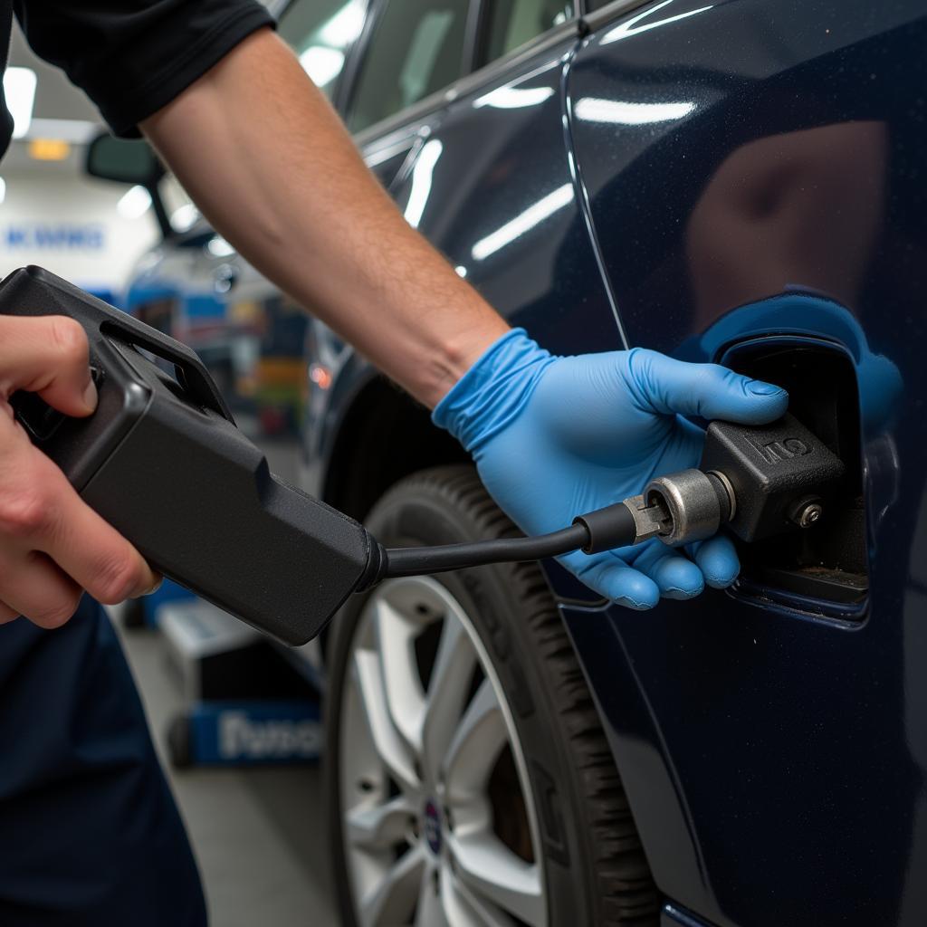 Mechanic Using Diagnostic Tool on Car