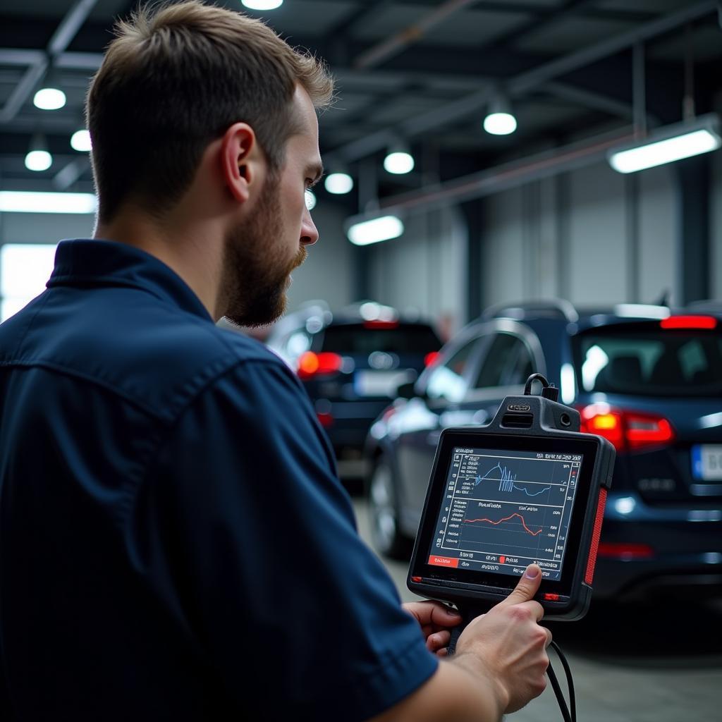 Mechanic using a diagnostic tool to assess a vehicle's issue in a professional auto repair shop.