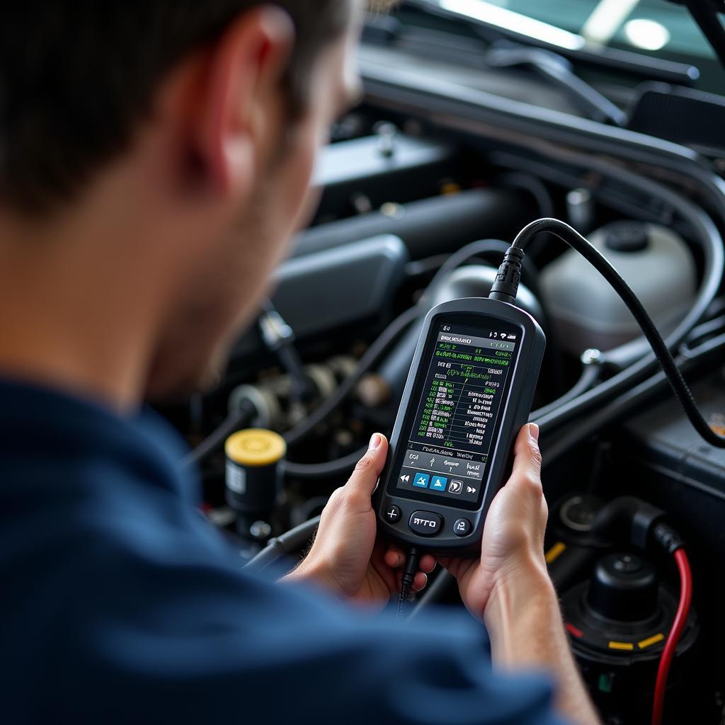 Mechanic Using Diagnostic Tool on Car Engine