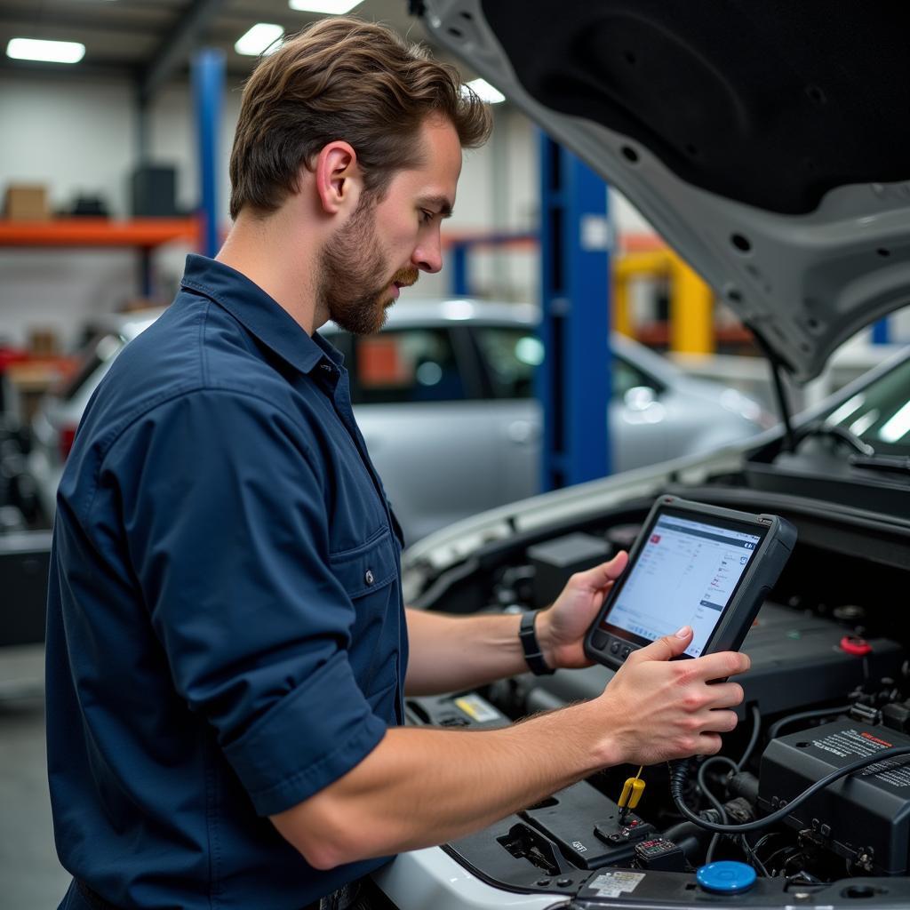 Mechanic Utilizing a Car Diagnostic Tool