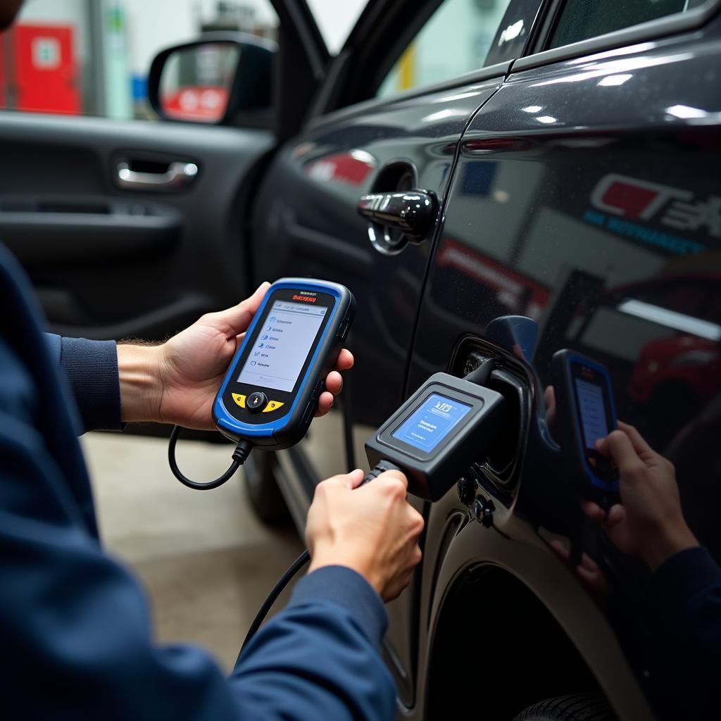 Mechanic using a diagnostic tool on a Russian car