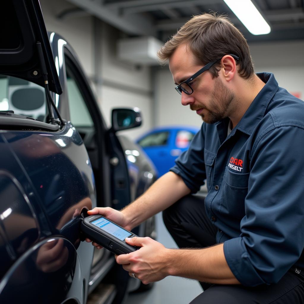 Mechanic Using a Diagnostic Tool on a Vehicle