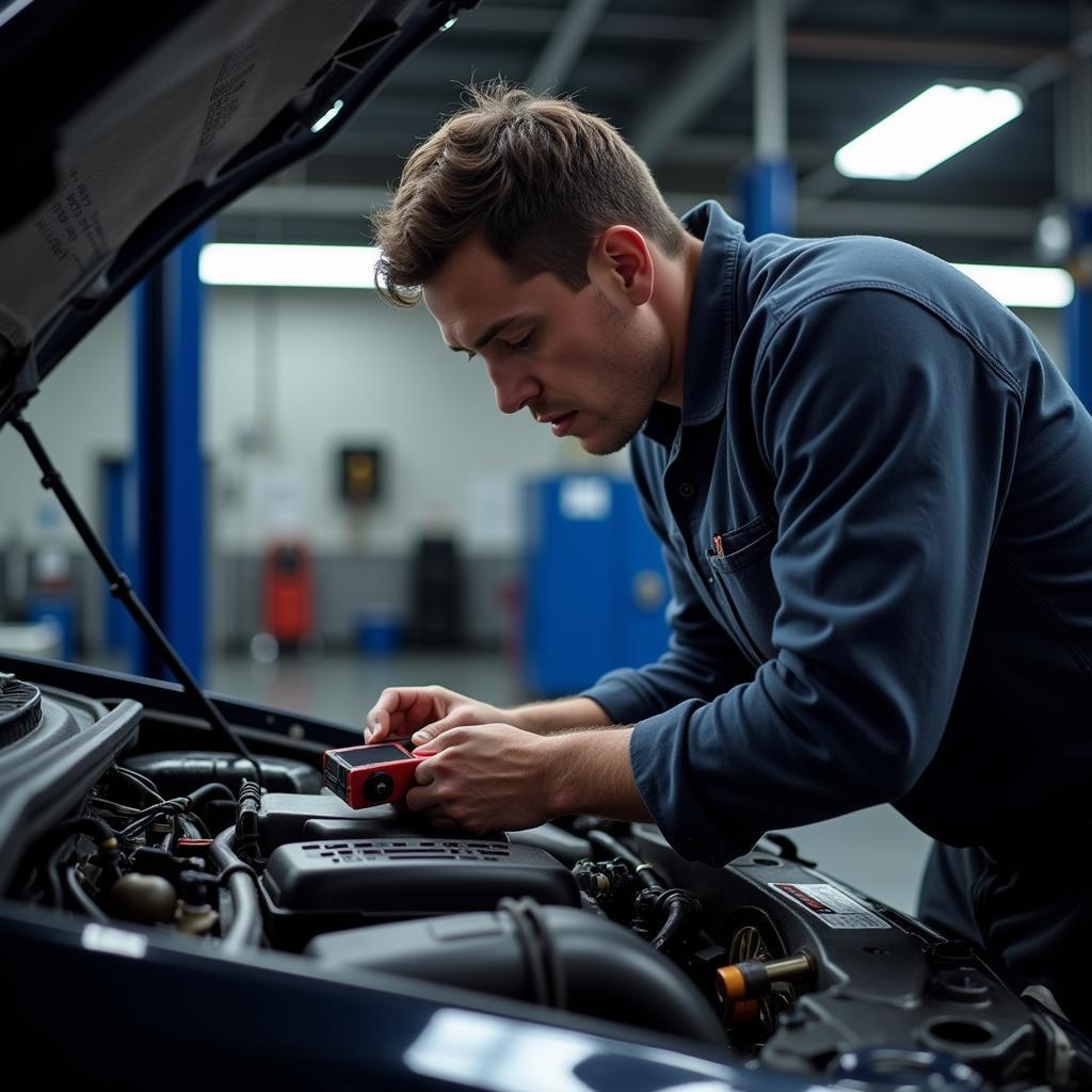 A mechanic in a repair shop using a car diagnostic tool to diagnose a vehicle