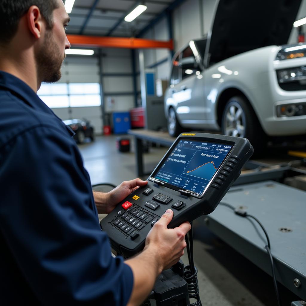 Mechanic Performing Car Diagnostics in a UK Garage