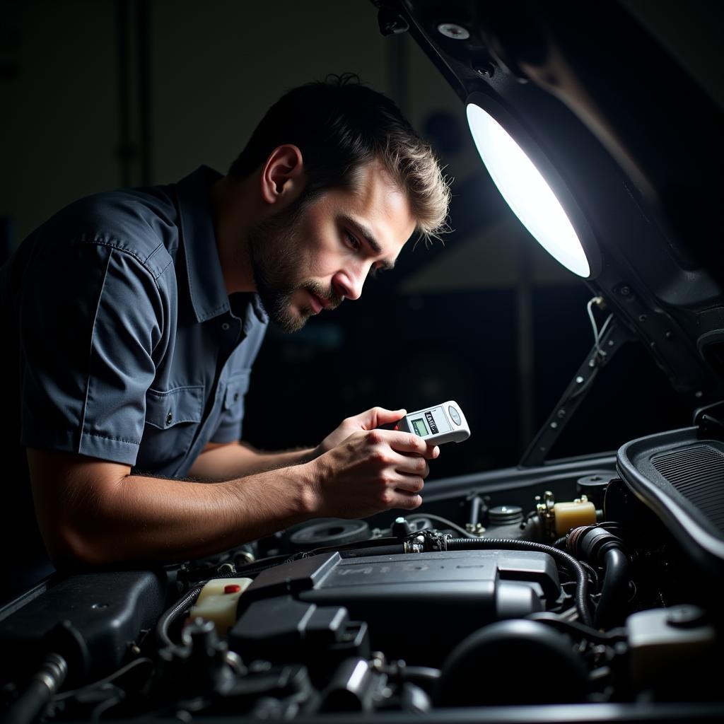 Mechanic inspecting a car engine with a diagnostic tool