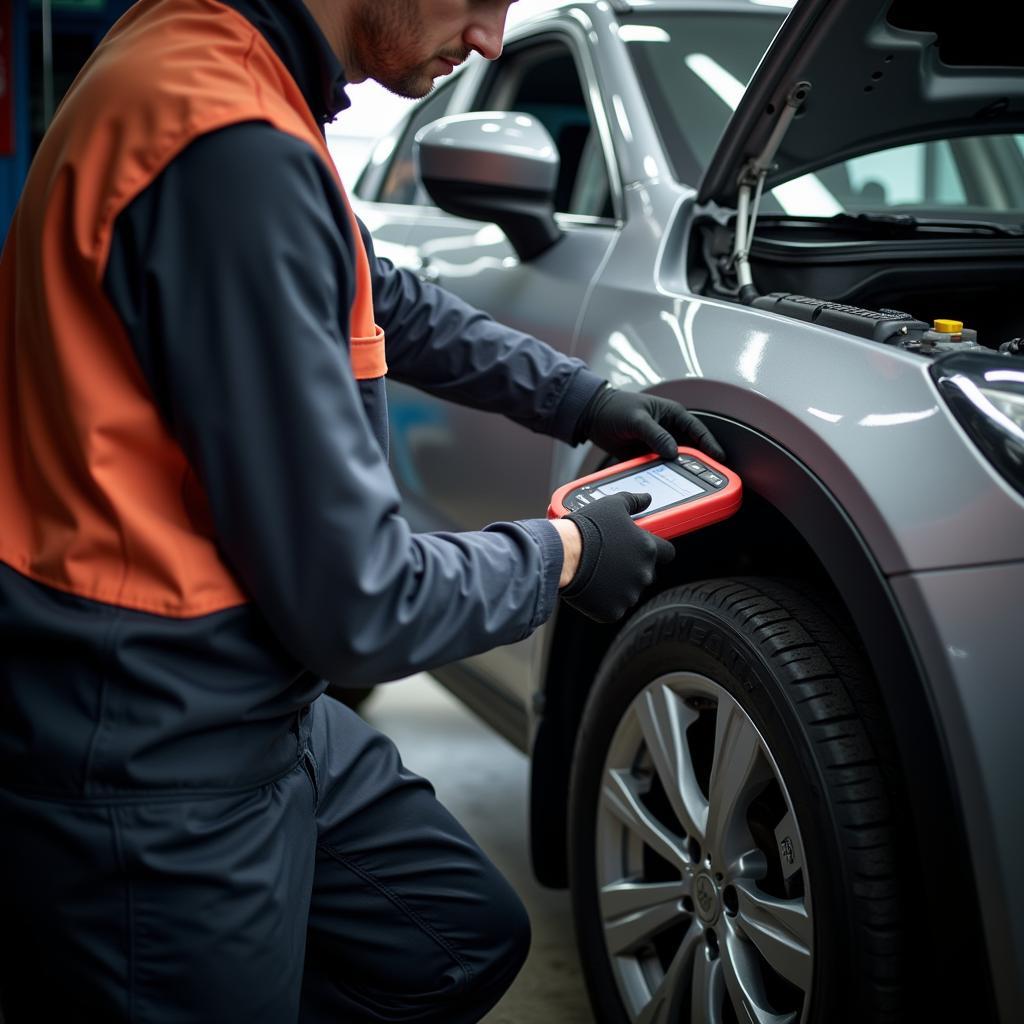 Mechanic Using a Diagnostic Tool on a Vehicle