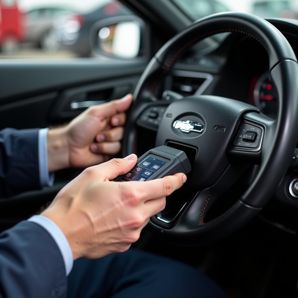 Mechanic using a diagnostic tool on a car