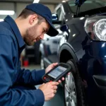 A mechanic using a diagnostic tool on a car