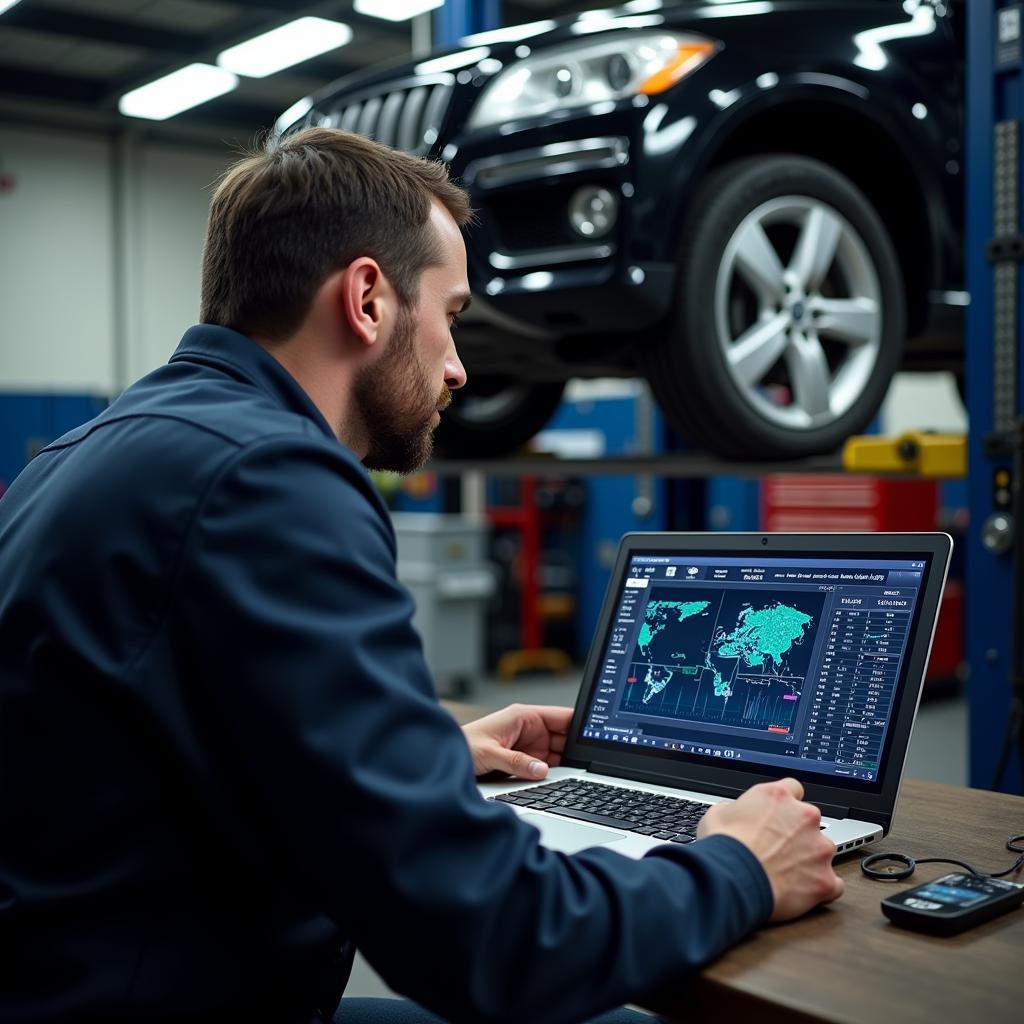 Mechanic using a professional diagnostic tool in a garage