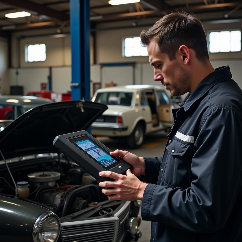 Mechanic Using a Diagnostic Tool on a Classic Car in a Garage