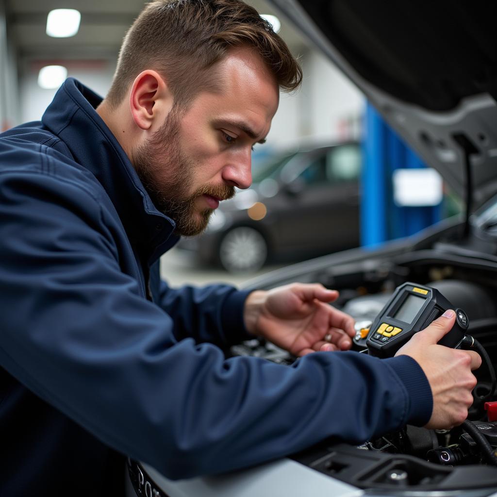 Mechanic Using Diagnostic Tool in Garage Wigan