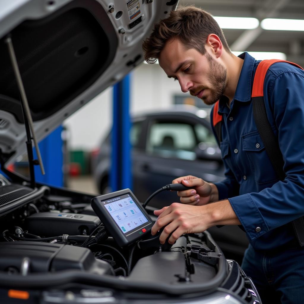 Mechanic Using Diagnostic Tool in Hollister