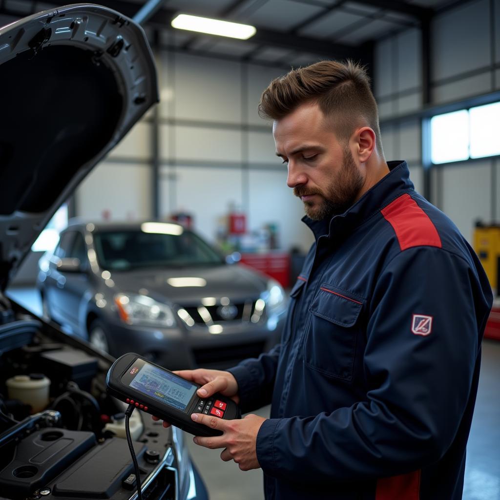 Mechanic using a car diagnostic tool in a professional garage setting