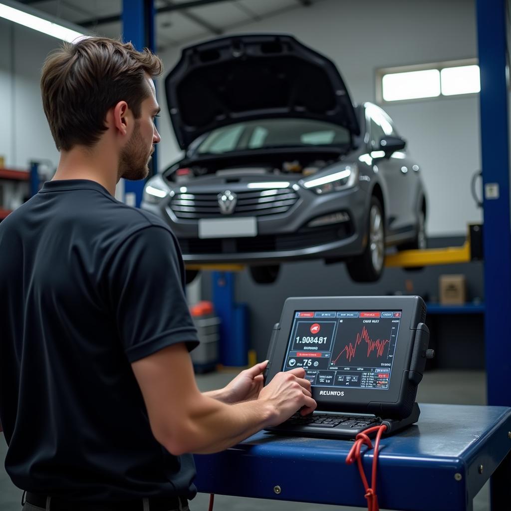 A mechanic using a diagnostic tool on a car in a garage