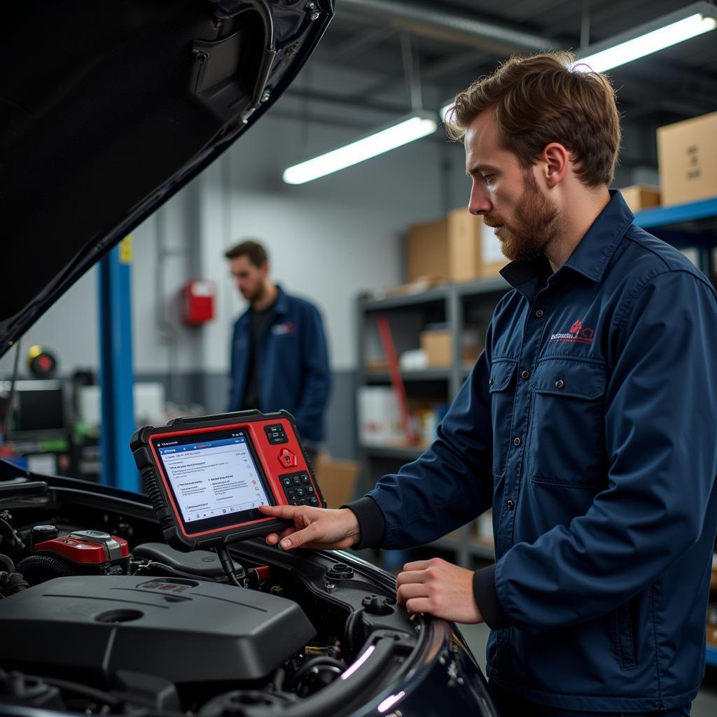 Mechanic Using Diagnostic Tool in Garage