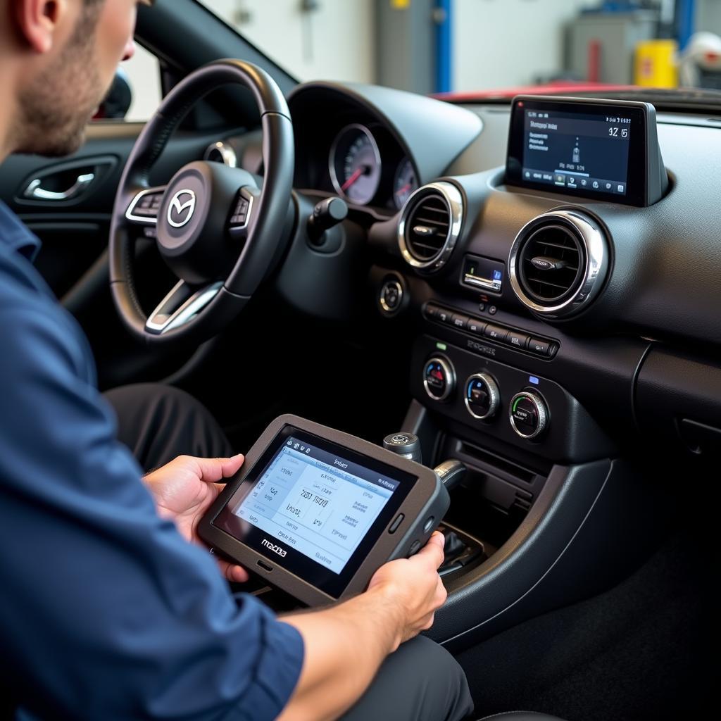 Mechanic Using Diagnostic Tool on Mazda MX5