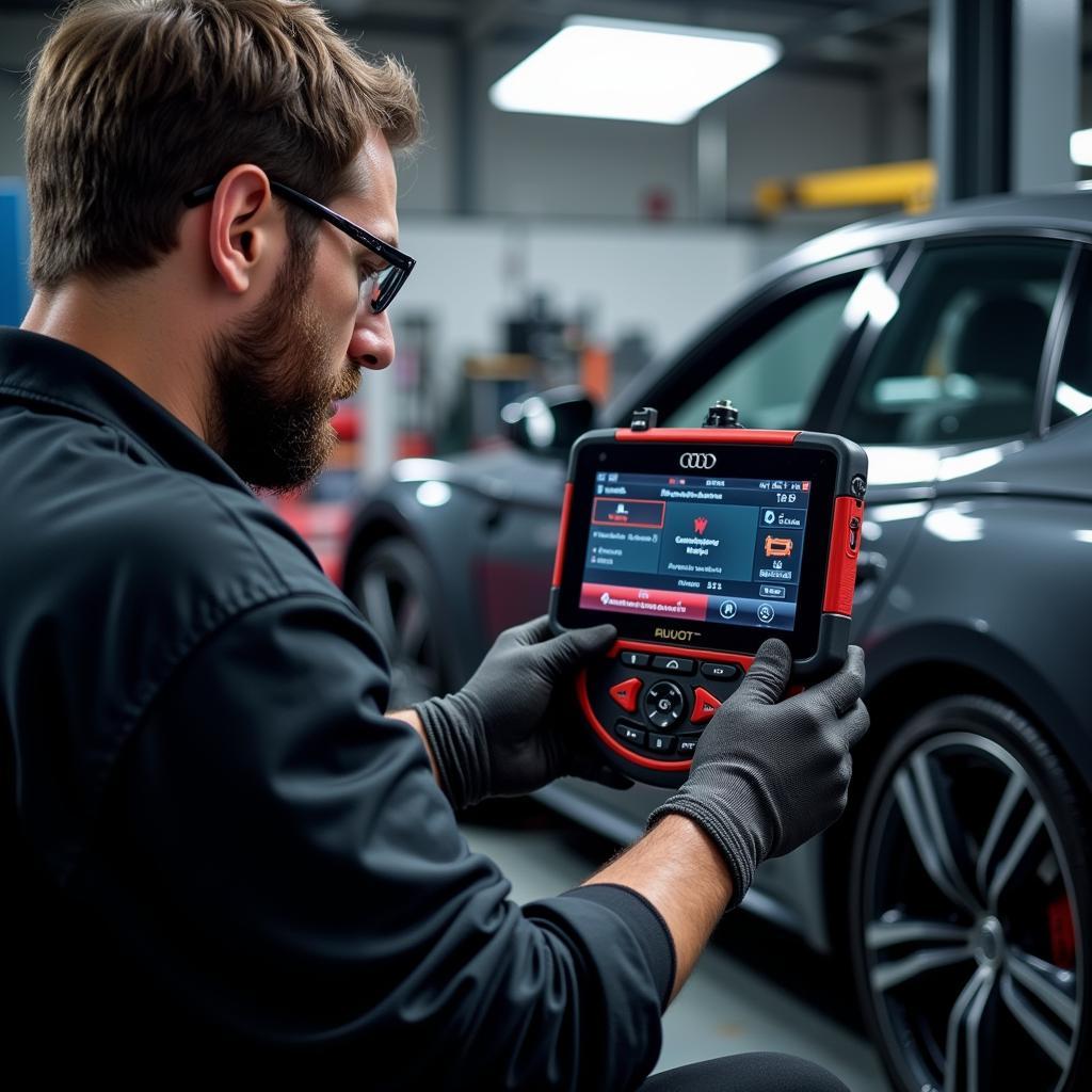 Mechanic Using Diagnostic Tool on Audi RS5