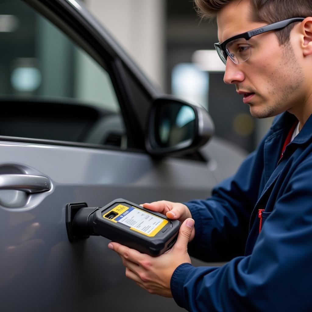 Mechanic Using Diagnostic Tool On Car