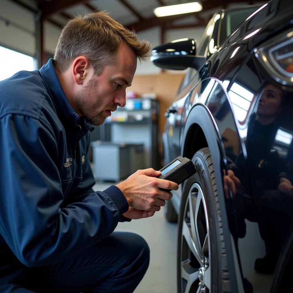 A mechanic using a car diagnostic tool on a vehicle in a garage setting