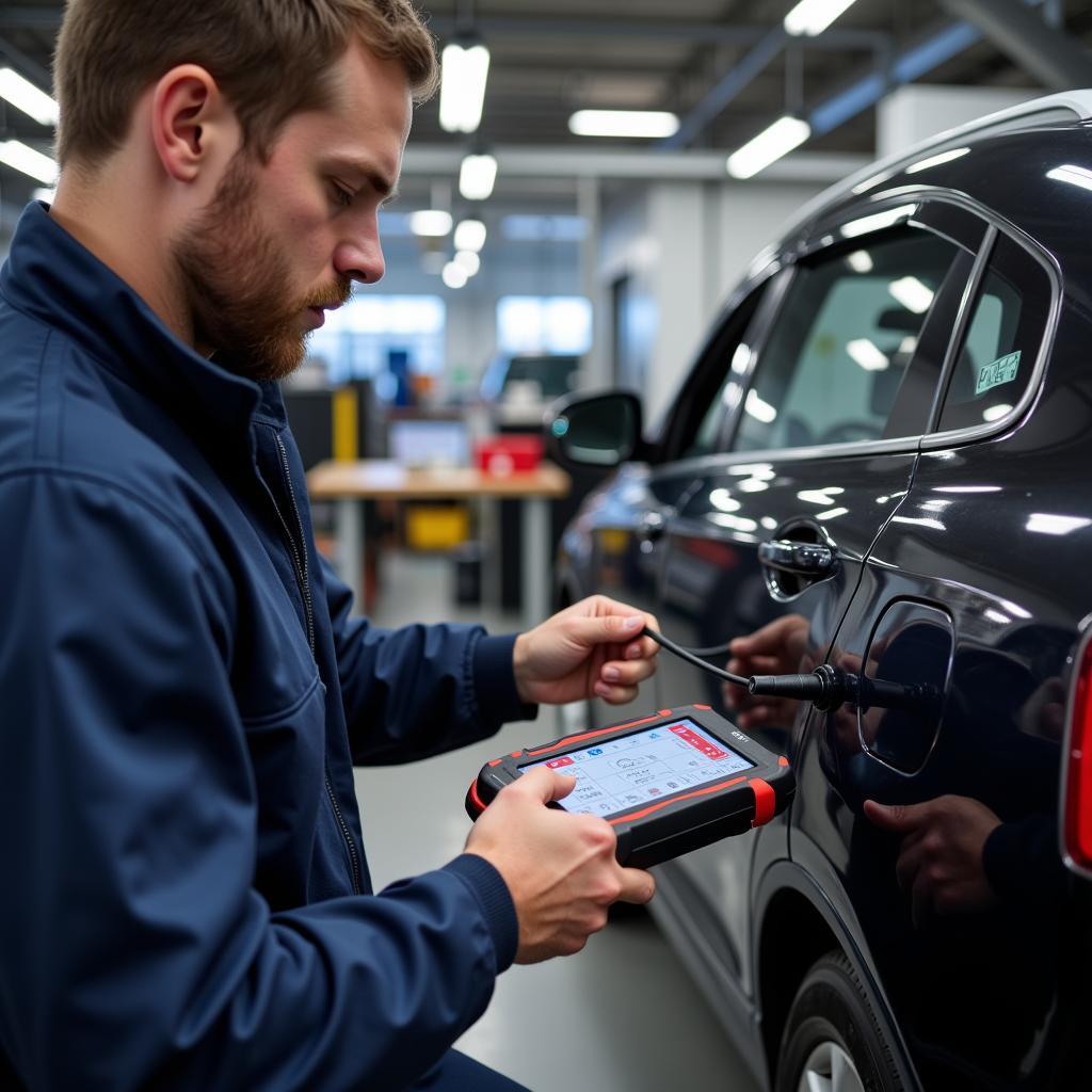 Mechanic Using Diagnostic Tool on Car