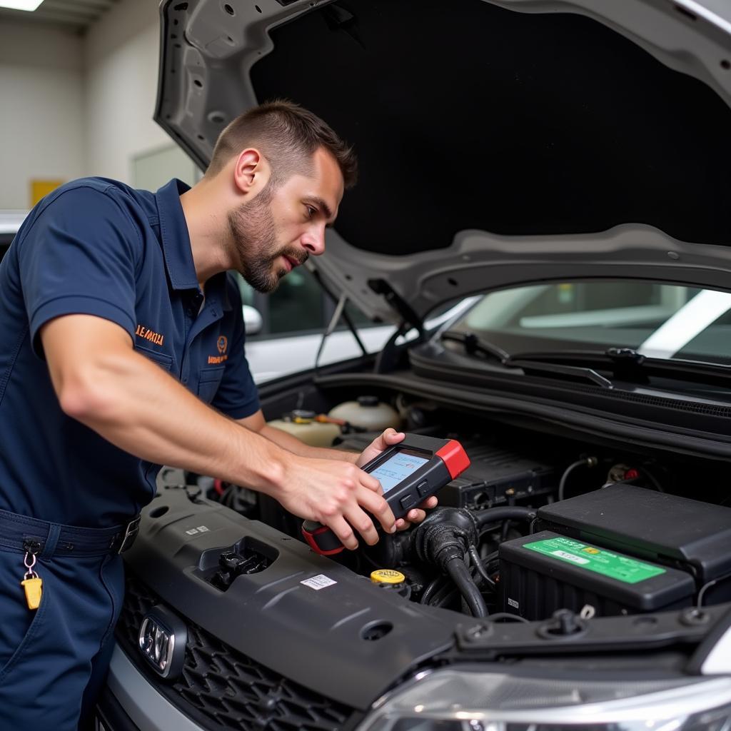 A mechanic leans over a car's engine bay, intently using a diagnostic tool to troubleshoot a problem