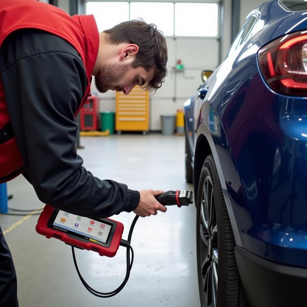 A mechanic using a diagnostic tool connected to a car's OBD-II port