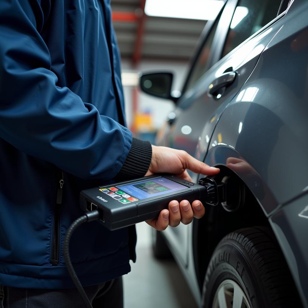 Mechanic Using Diagnostic Tool on Car