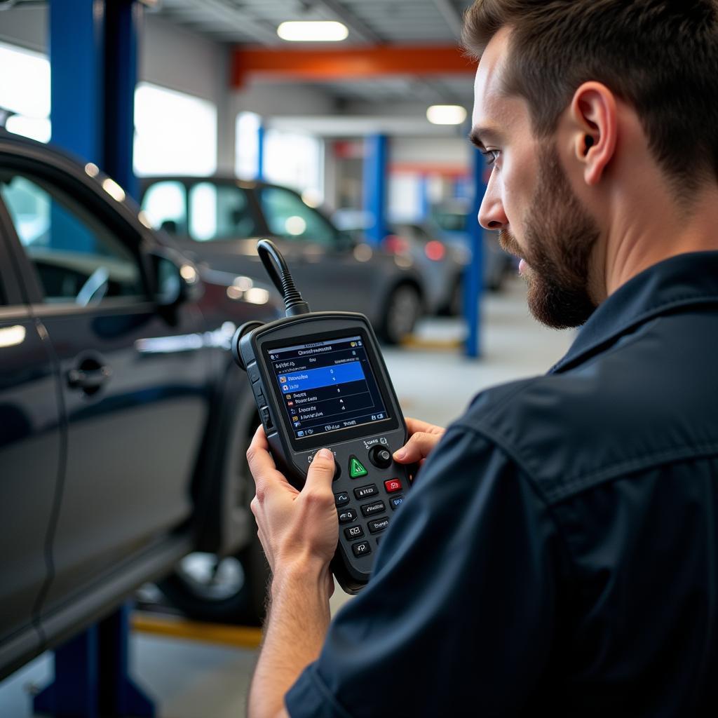 Mechanic Using a Diagnostic Tool on a Car in the Garage