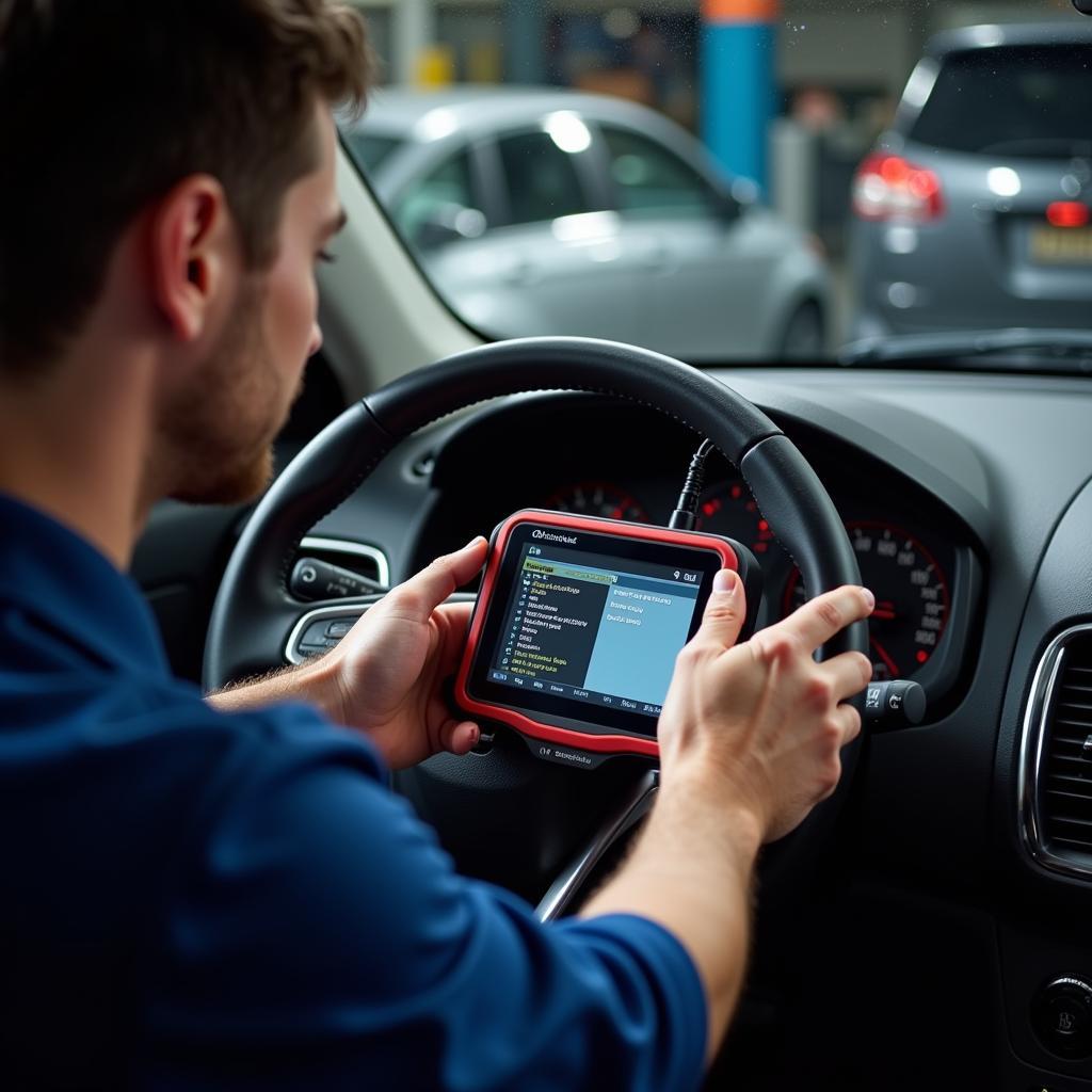 Mechanic Using Diagnostic Tool on Car