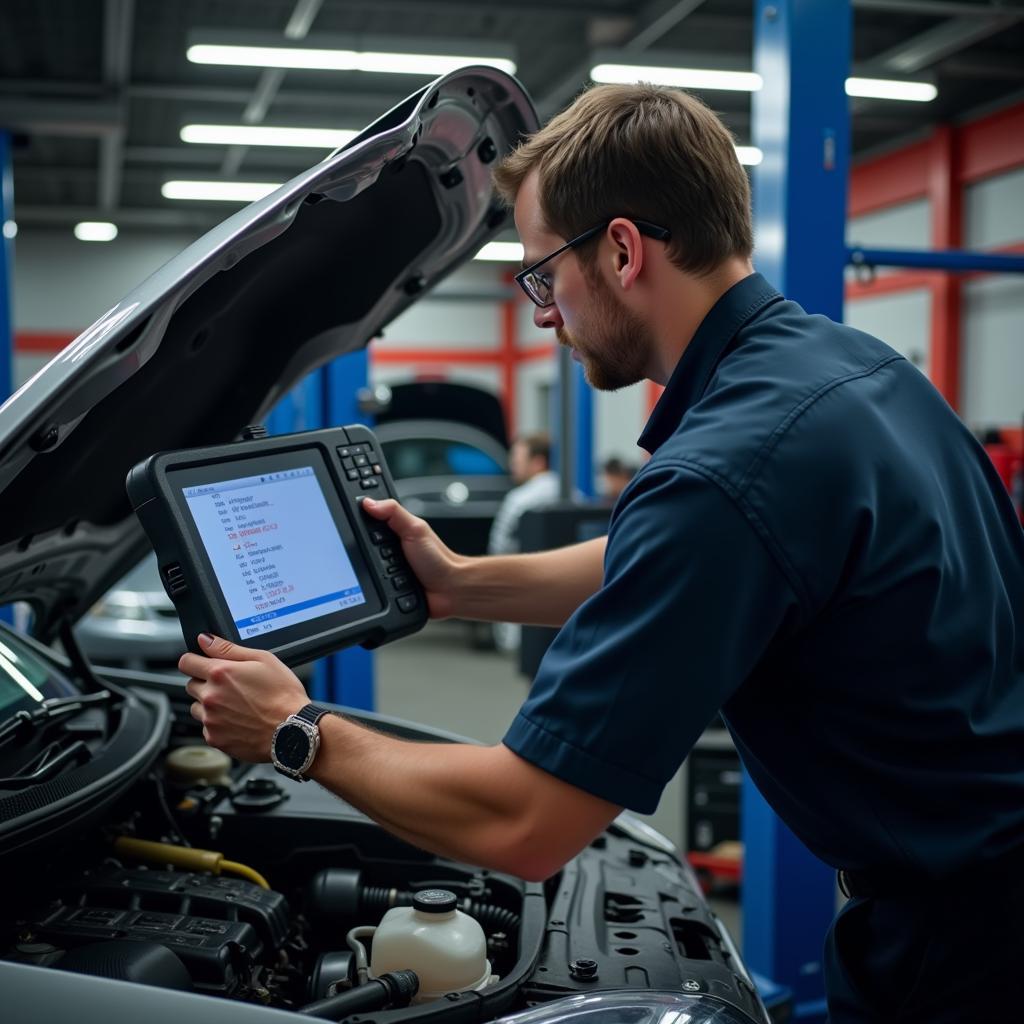 Mechanic using a diagnostic tool on a car