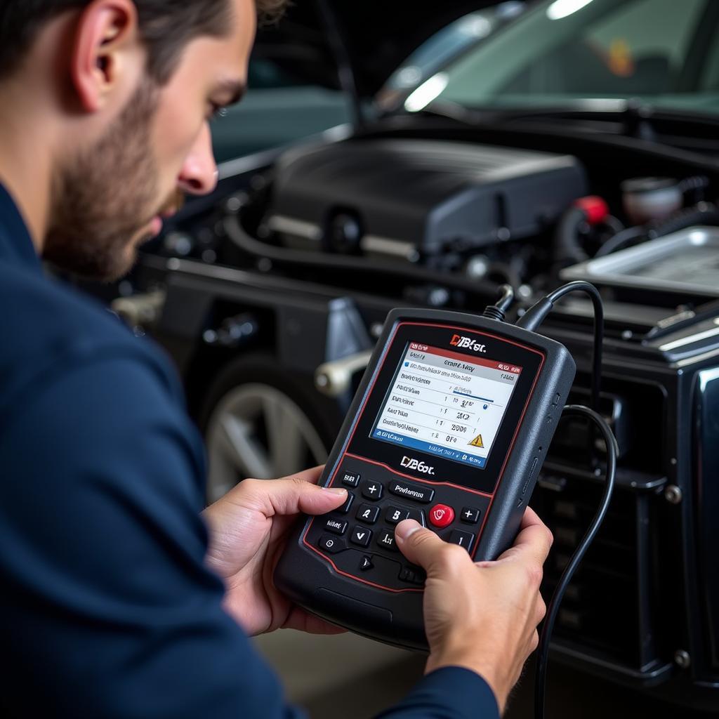 Mechanic Utilizing a Diagnostic Tool to Identify Car Issues