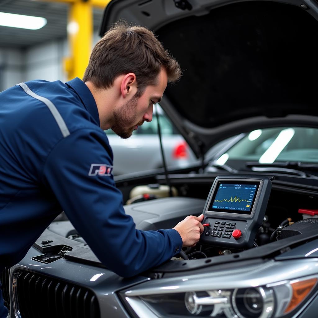 Mechanic Using Diagnostic Tool on Car