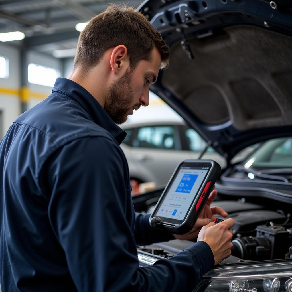 Mechanic Using a Diagnostic Tool on a Car