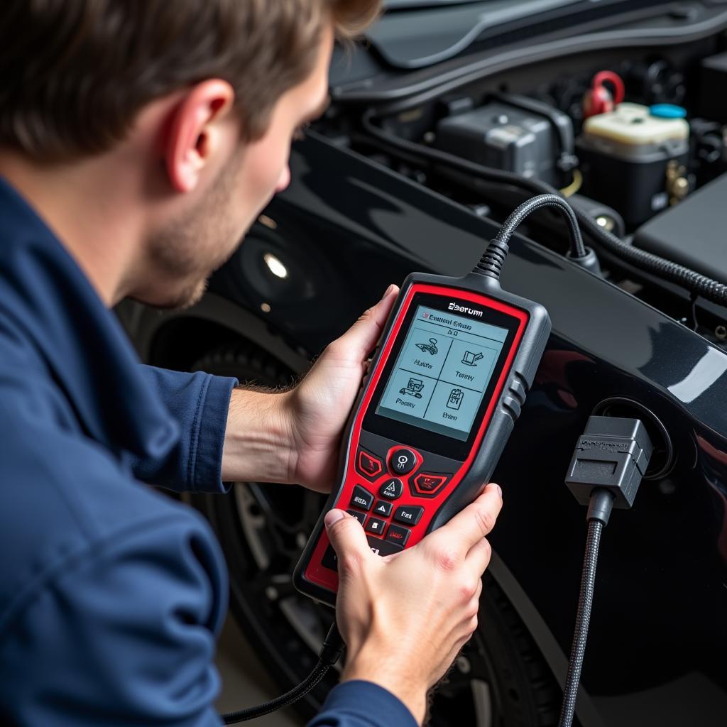 Mechanic Using Diagnostic Tool on Car