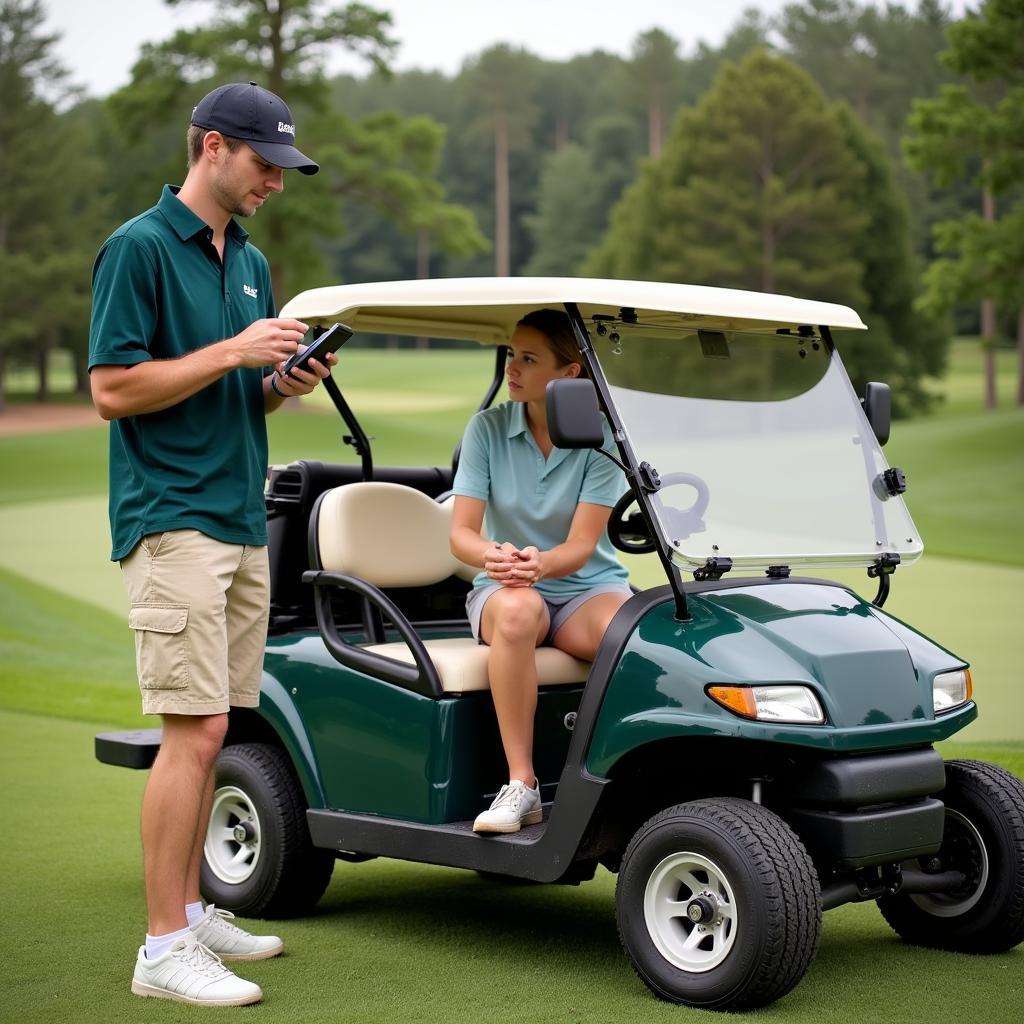 Mechanic using a club car diagnostic tool on a golf course.