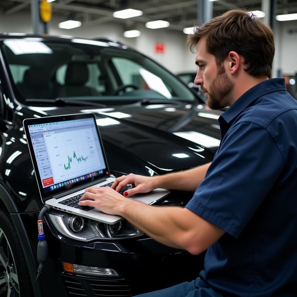 Mechanic using a diagnostic tool on a Mac