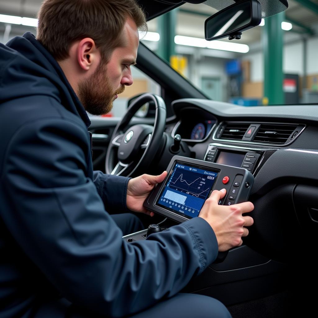 A mechanic using a diagnostic tool to analyze a Skoda vehicle