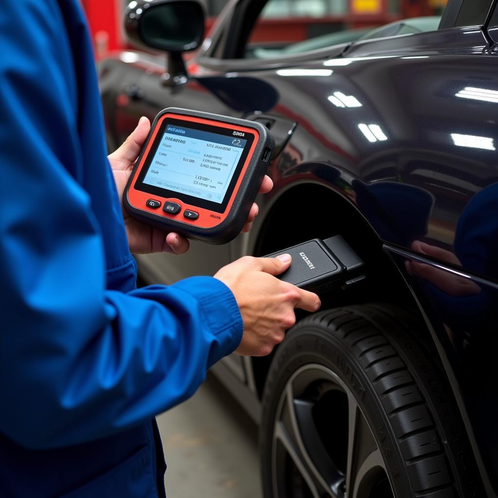 Mechanic using diagnostic tool on car transmission